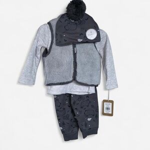 Mini Hop Baby Gray Woodland 4-Piece Outfit Set 12M Cozy Fleece Vest